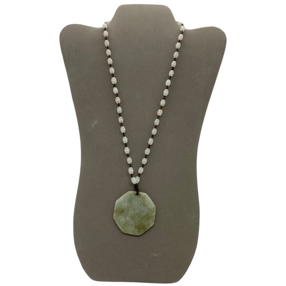 White Glass Bead 22" Necklace Green Nephrite Jade Carved Octagonal Pendant China - Picture 15 of 16